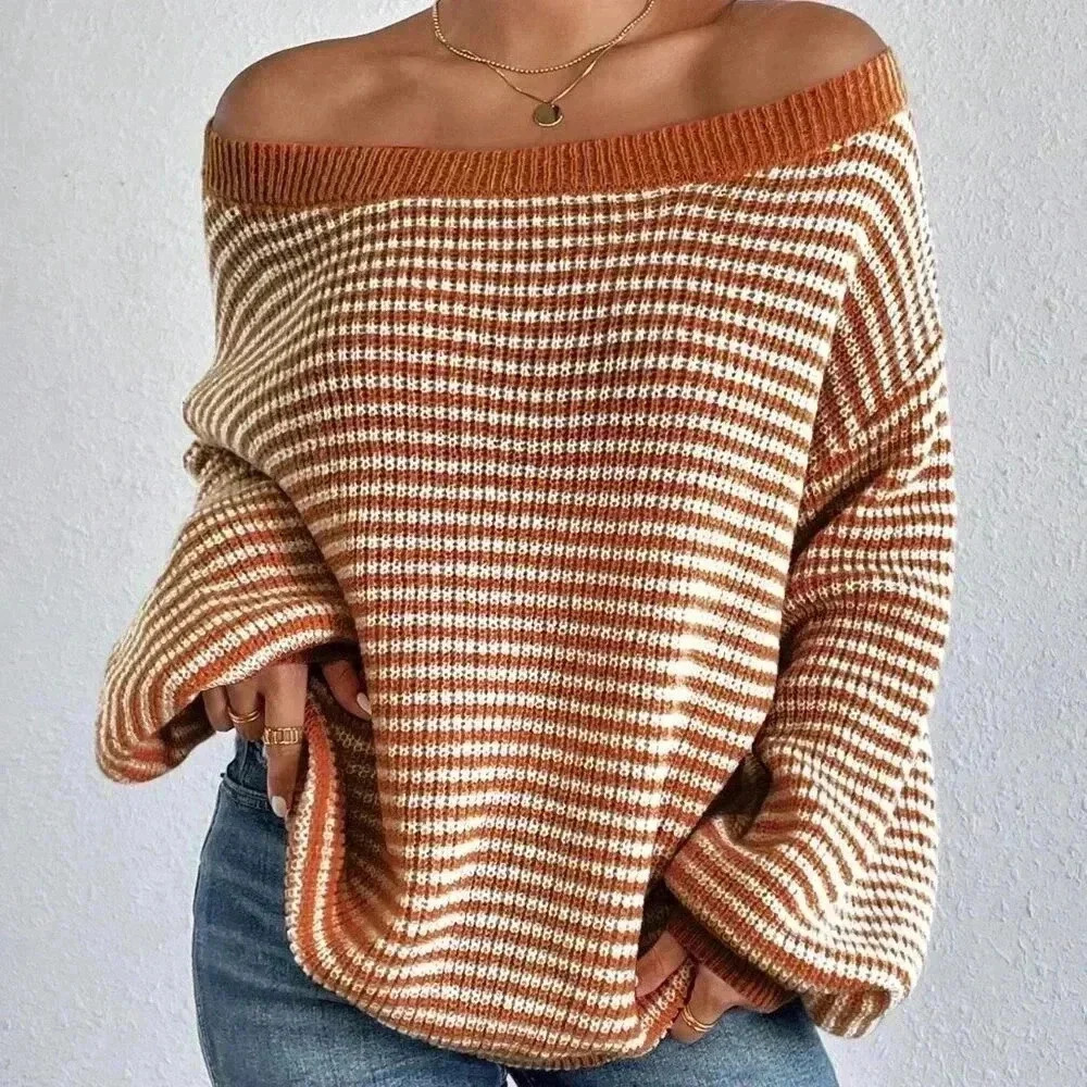 Orange Casual Women's Contrast Striped Print Off-Shoulder Long Sleeve Sweater